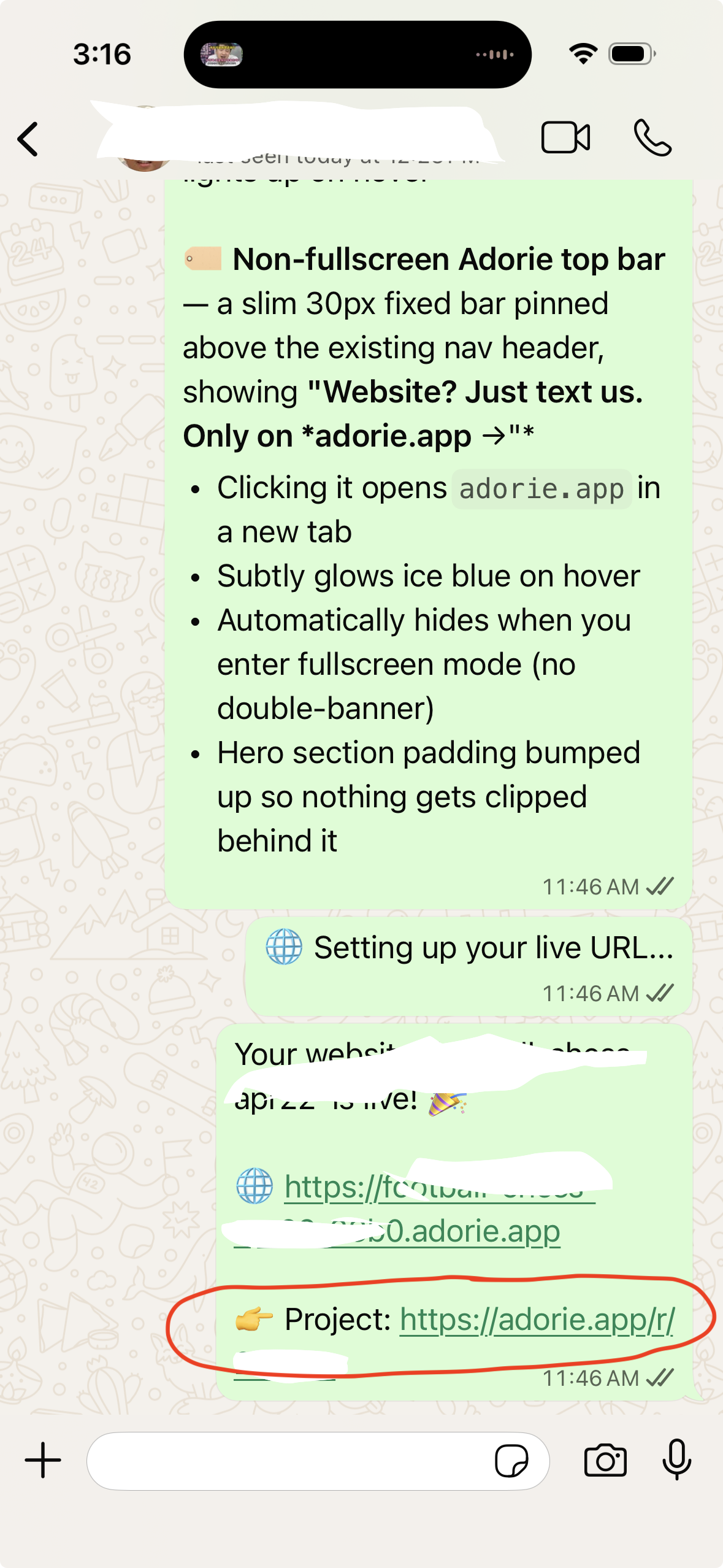 WhatsApp message with the project link to open in dashboard