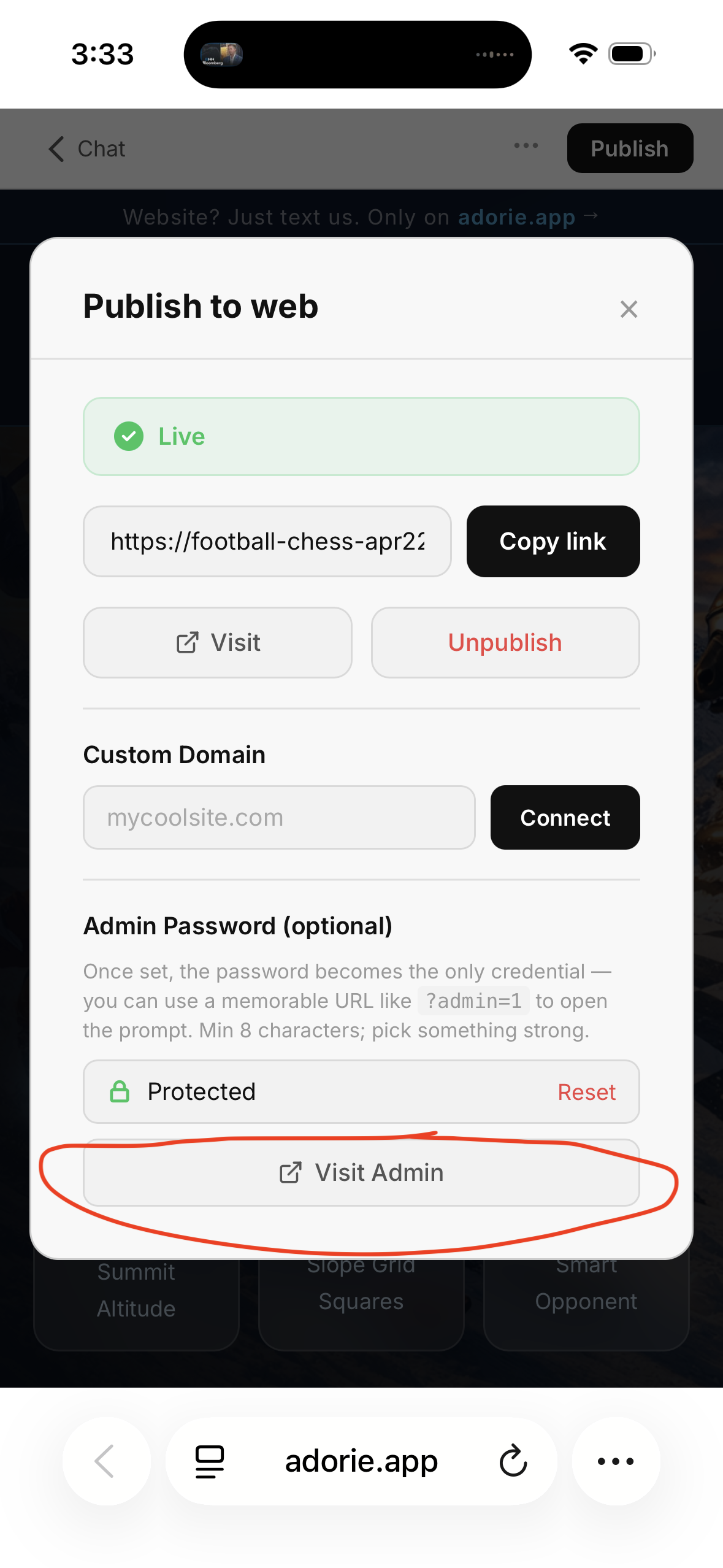 Password is set — Visit Admin button highlighted