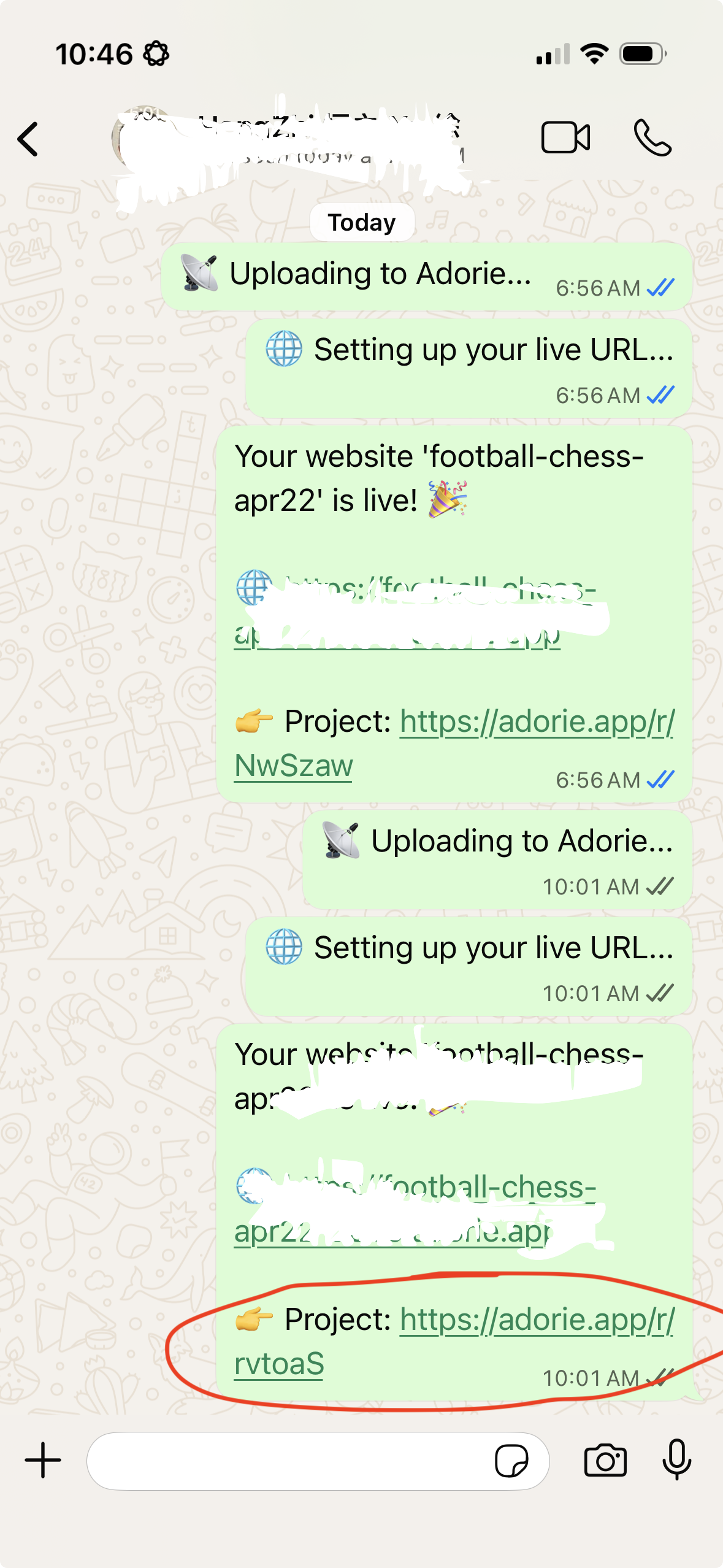 WhatsApp chat with Adorie showing the project link