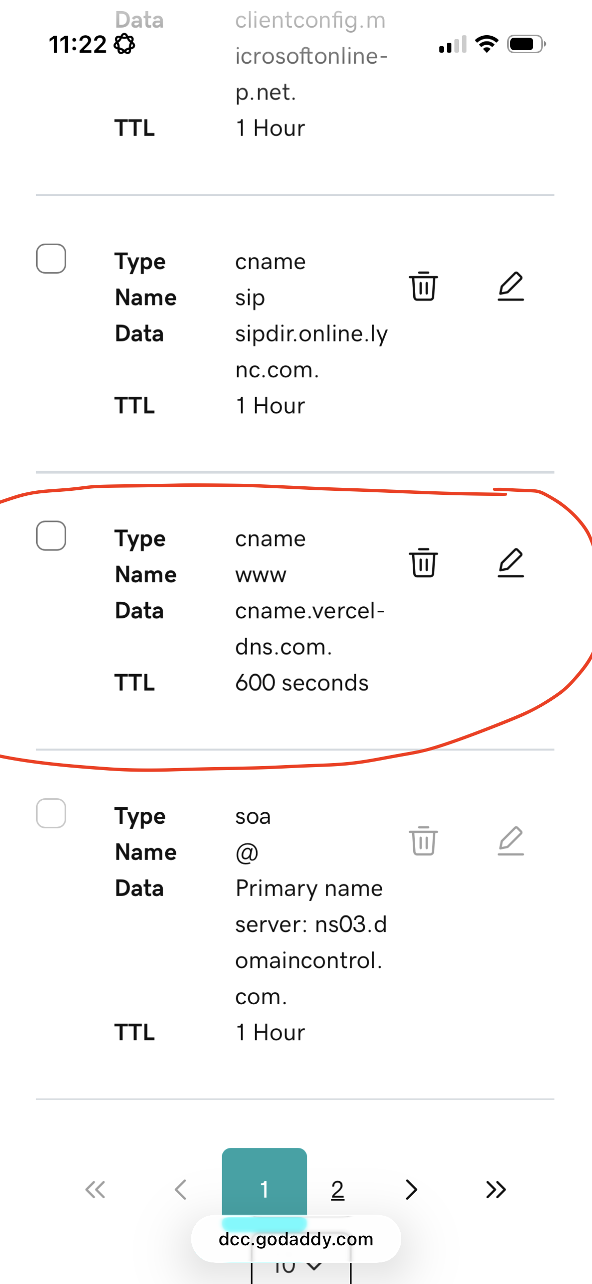 DNS records list with the CNAME at www being edited